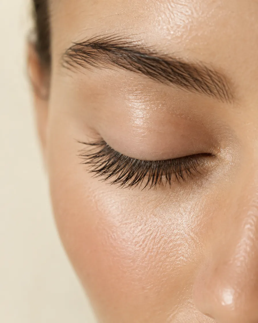 Close-up of a closed eye with long, full natural lashes