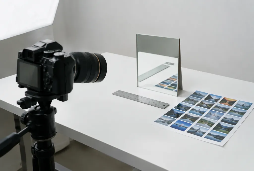 Macro camera on a tripod pointed at a mirror, with a ruler and a printed photo grid — our photo measurement setup